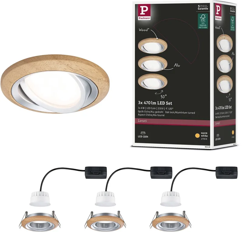 Paulmann 92239 Lanati Luminaire à LED encastrable LED 6 W Aluminium (tourné) de Paulmann en Geoliede eikenkleur, Alu gedraaid – photo produit