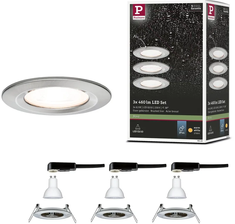 LED-inbouwlamp Nova Basisset star IP44 rond 78 mm GU10 3x6,5W 3x460lm 230V 2700K från Paulmann i Staal geborsteld – produktbild