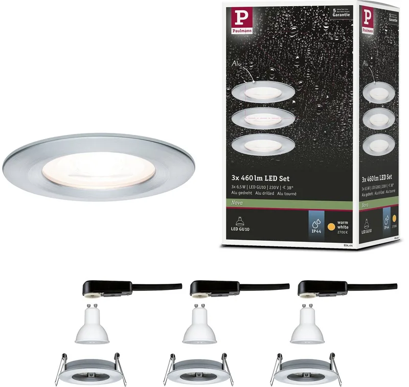 LED-inbouwlamp Nova Basisset star IP44 rond 78 mm GU10 3x6,5W 3x460lm 230V 2700K de Paulmann en Alu gedraaid – photo produit