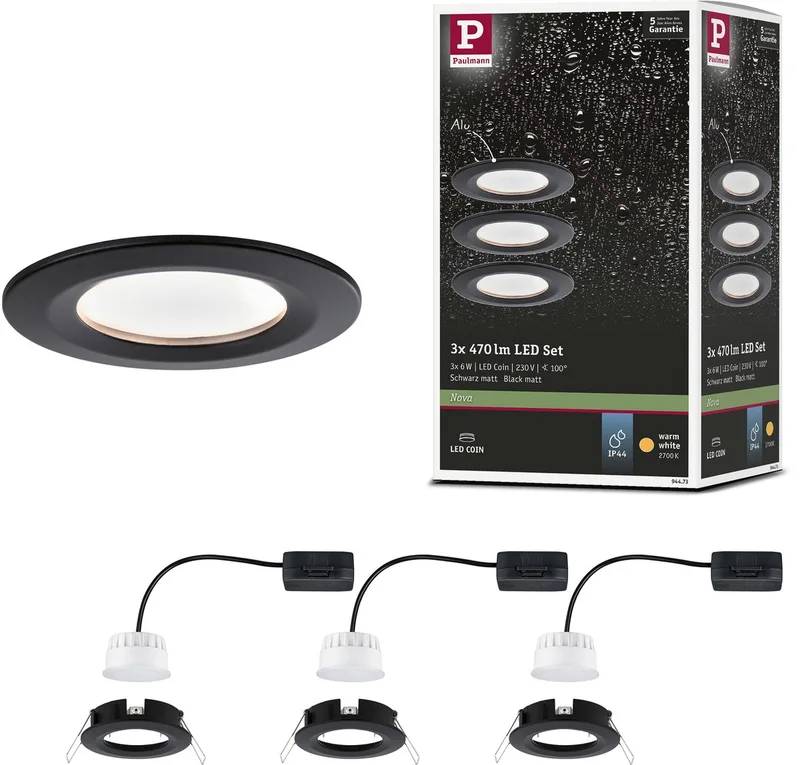 Spot encastrable LED Nova Coin kit de base star IP44 rond 78 mm Coin 3x6W 3x470lm 230V 2700K de Paulmann en Zwart mat – photo produit