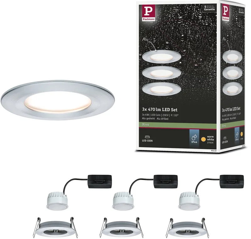 LED indbygningsspot Nova Coin grundsæt star IP44 rund 78 mm Coin 3x6W 3x470lm 230V 2700K fra Paulmann i Alu gedraaid – produktbillede