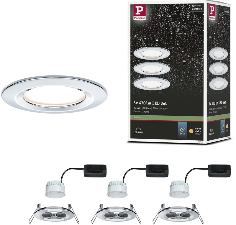 LED-infälld lampa Nova Coin basset star IP44 rund 78 mm Coin 3x6W 3x470lm 230V 2700K från Paulmann i Krom – produktbild