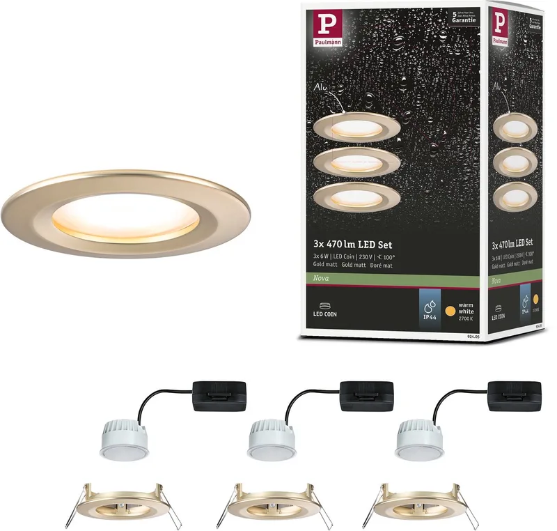 LED indbygningsspot Nova Coin grundsæt star IP44 rund 78 mm Coin 3x6W 3x470lm 230V 2700K fra Paulmann i Goud mat – produktbillede