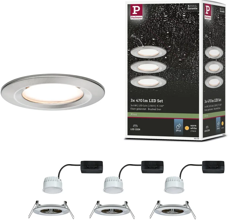 Spot encastrable LED Nova Coin kit de base star IP44 rond 78 mm Coin 3x6W 3x470lm 230V 2700K de Paulmann en Staal geborsteld – photo produit