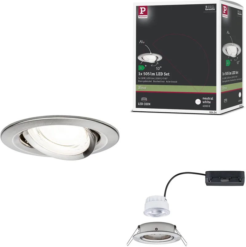LED-inbouwlamp Nova Coin Enkele lamp rond 84 mm 50° 2,8W 505lm 230V 4000K de Paulmann en Staal geborsteld – photo produit