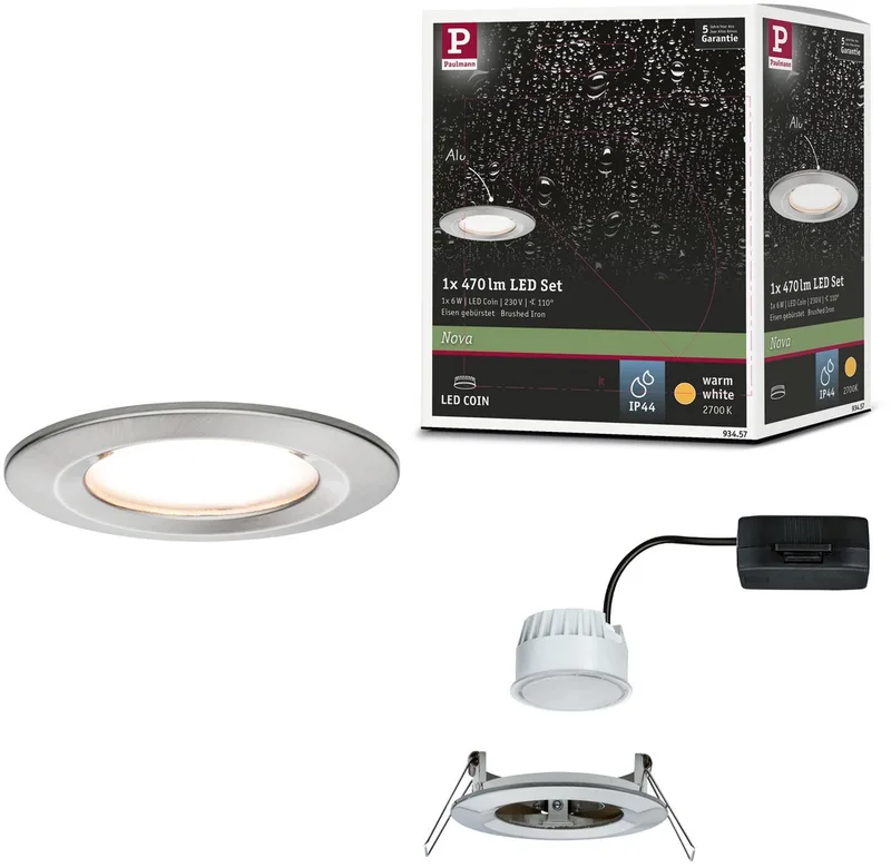 LED-inbouwlamp Nova Coin Enkele lamp star IP44 rond 78 mm Coin 6W 470lm 230V 2700K de Paulmann en Staal geborsteld – photo produit
