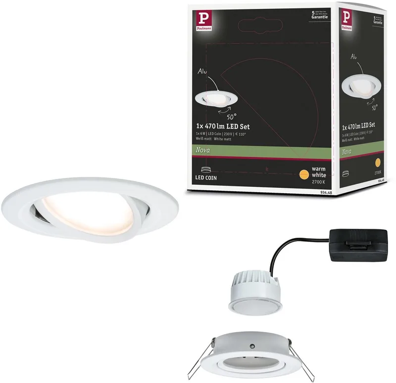 Spot encastrable LED Nova Coin spot seul orientable rond 84 mm 50° Coin 6W 470lm 230V 2700K de Paulmann en Wit mat – photo produit