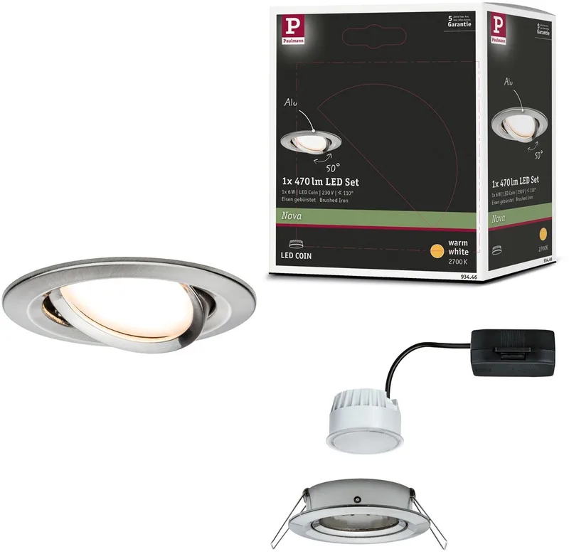 Spot encastrable LED Nova Coin spot seul orientable rond 84 mm 50° Coin 6W 470lm 230V 2700K de Paulmann en Staal geborsteld – photo produit