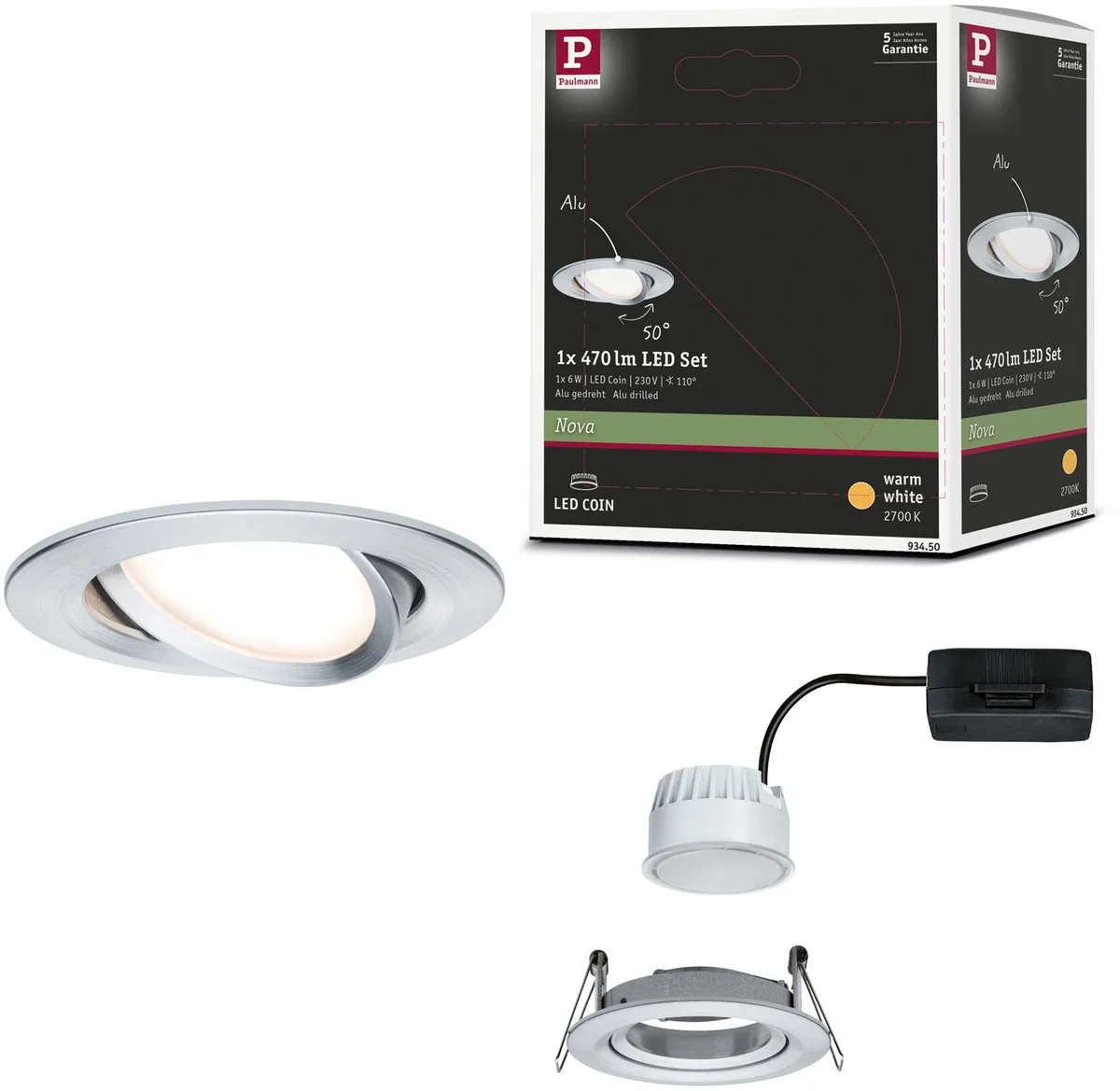 LED-inbouwlamp Nova Coin Enkele lamp zwenkbaar rond 84mm 50° Coin 6W 470lm 230V 2700K by Paulmann in Alu gedraaid – product photo