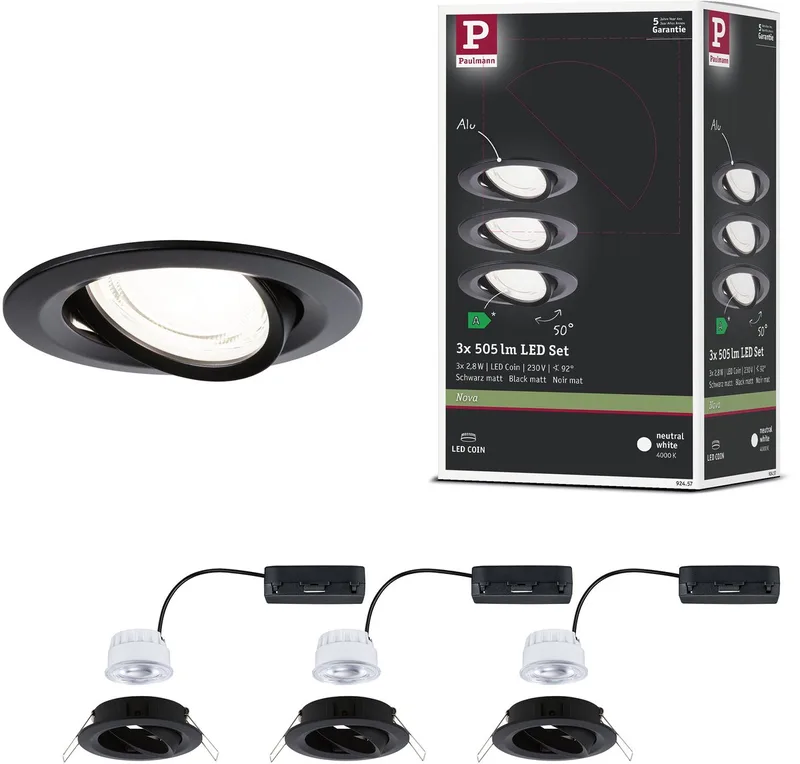 LED-inbouwlamp Nova Coin Set van 3 rond 84 mm 50° 3x2,8W 3x505lm 230V 4000K fra Paulmann i Zwart mat – produktbillede