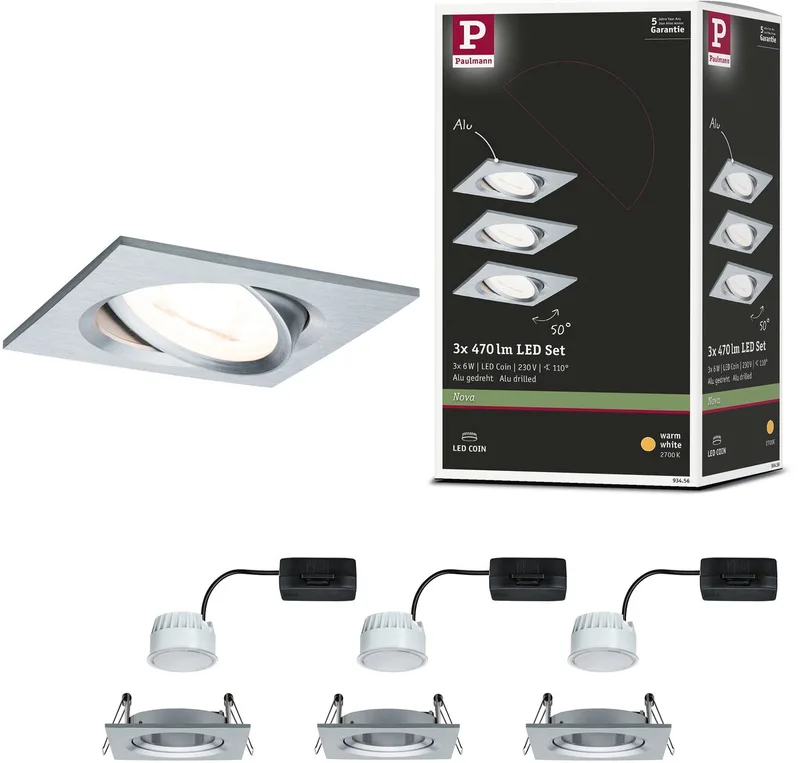 LED-inbouwlamp Nova Coin Set van 3 zwenkbaar hoekig 84x84 mm 50° Coin 3x6W 3x470lm 230V 2700K fra Paulmann i Alu gedraaid – produktbillede