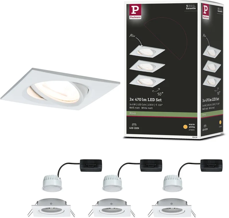 LED-inbouwlamp Nova Coin Set van 3 zwenkbaar hoekig 84x84 mm 50° Coin 3x6W 3x470lm 230V 2700K de Paulmann en Wit mat – photo produit