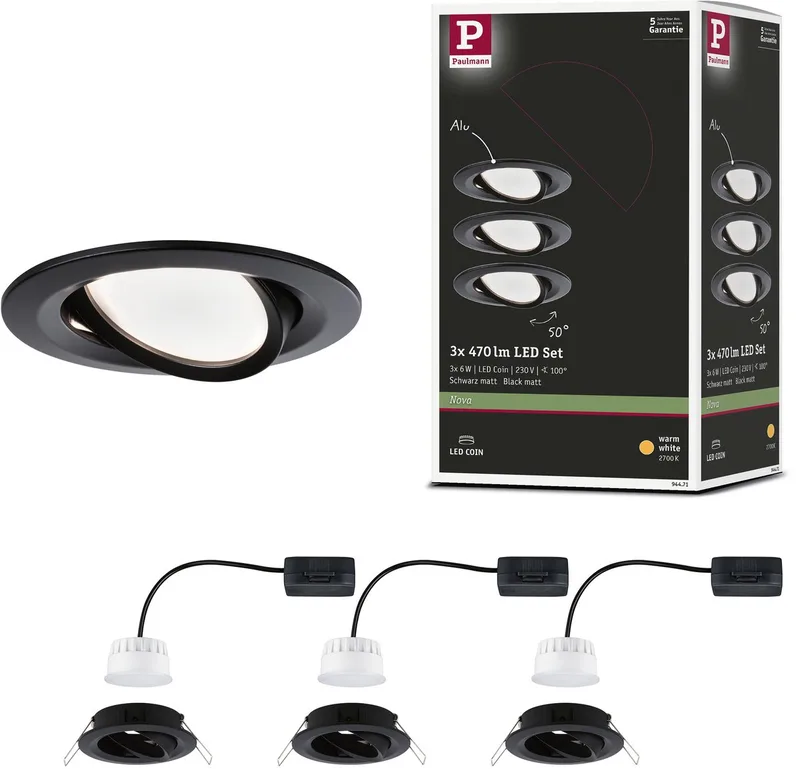 LED indbygningsspot Nova Coin sæt med 3 drejelig rund 84 mm 50° Coin 3x6W 3x470lm 230V 2700K fra Paulmann i Zwart mat – produktbillede