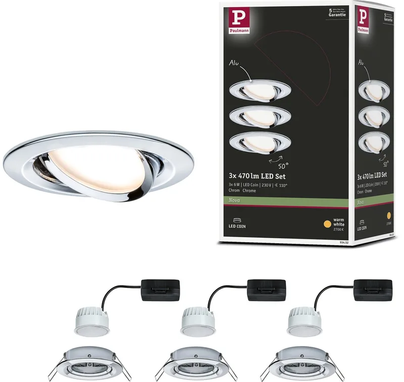 LED indbygningsspot Nova Coin sæt med 3 drejelig rund 84 mm 50° Coin 3x6W 3x470lm 230V 2700K fra Paulmann i Krom – produktbillede