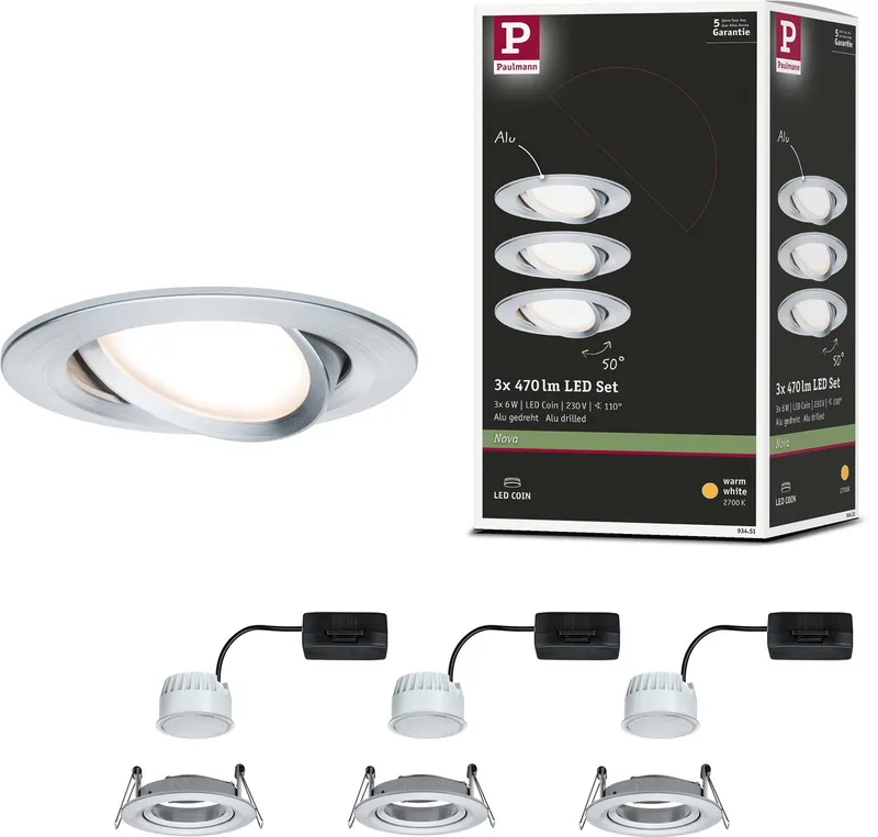LED-inbouwlamp Nova Coin Set van 3 zwenkbaar rond 84 mm 50° Coin 3x6W 3x470lm 230V 2700K van Paulmann in Alu gedraaid – productfoto