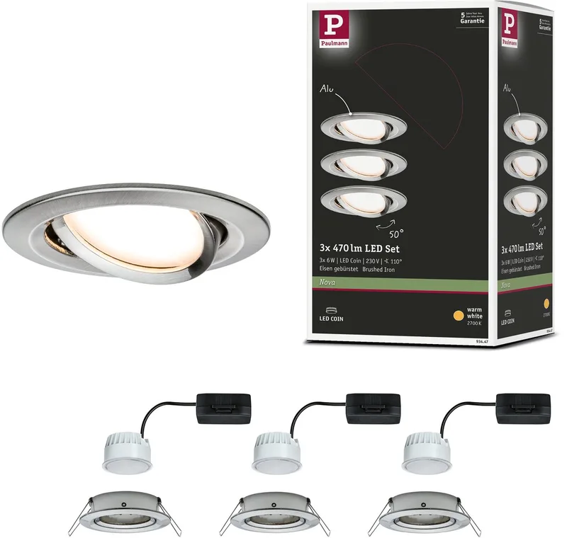 Spot encastrable LED Nova Coin lot de 3 orientable rond 84 mm 50° Coin 3x6W 3x470lm 230V 2700K de Paulmann en Staal geborsteld – photo produit