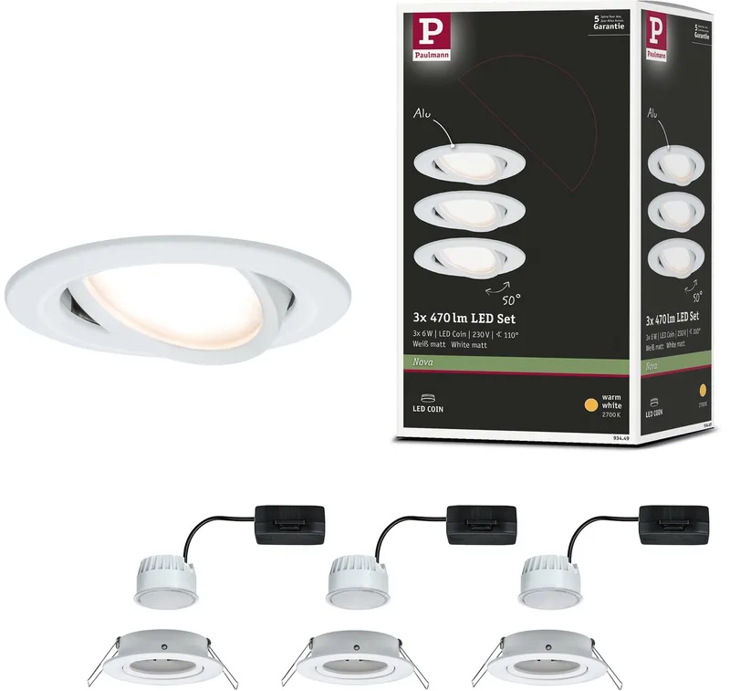 Spot encastrable LED Nova Coin lot de 3 orientable rond 84 mm 50° Coin 3x6W 3x470lm 230V 2700K de Paulmann en Wit mat – photo produit