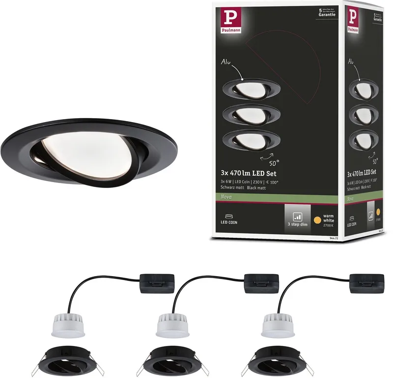 LED-inbouwlamp Nova Coin zwenkbaar rond 84 mm 50° Coin 3x6W 3x470lm 230V dimbaar 2700K fra Paulmann i Zwart mat – produktbillede