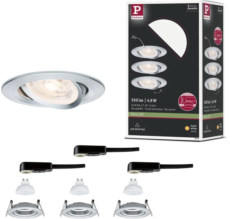 LED-inbouwlamp Nova GU10 Flat draaibaar 3x4,9W 3x550lm 230V 2700K från Paulmann i Alu gedraaid – produktbild