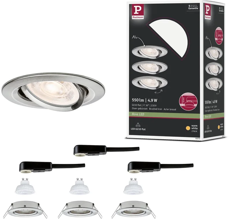 LED-inbouwlamp Nova GU10 Flat draaibaar 3x4,9W 3x550lm 230V 2700K från Paulmann i Staal geborsteld – produktbild