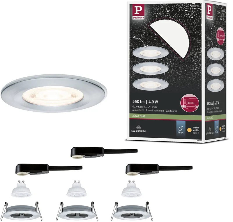 LED-inbouwlamp Nova GU10 Flat stijf IP44 3x4,9W 3x550lm 230V 2700K by Paulmann in Alu gedraaid – product photo