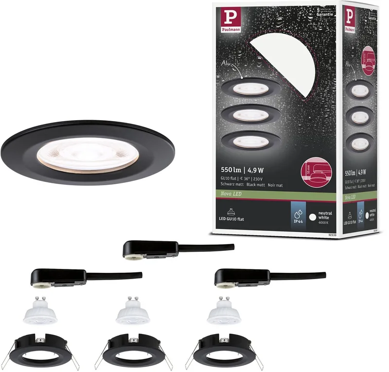 LED-inbouwlamp Nova GU10 Flat stijf IP44 3x4,9W 3x550lm 230V 4000K van Paulmann in Zwart mat – productfoto