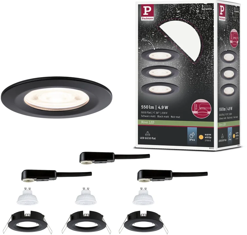 LED-inbouwlamp Nova GU10 Flat stijf IP44 3x4,9W 3x550lm 230V 2700K by Paulmann in Zwart mat – product photo