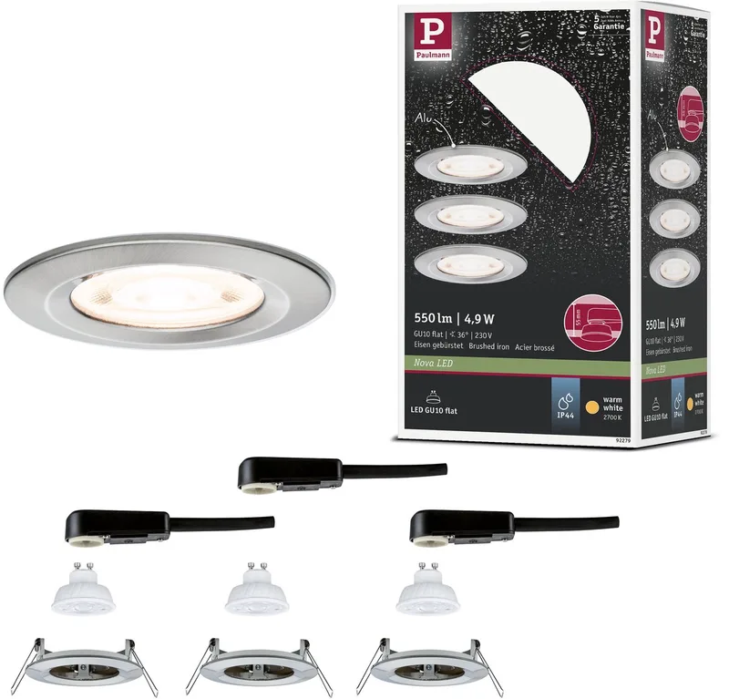LED-inbouwlamp Nova GU10 Flat stijf IP44 3x4,9W 3x550lm 230V 2700K by Paulmann in Staal geborsteld – product photo