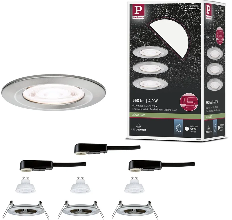 LED-inbouwlamp Nova GU10 Flat stijf IP44 3x4,9W 3x550lm 230V 4000K van Paulmann in Staal geborsteld – productfoto