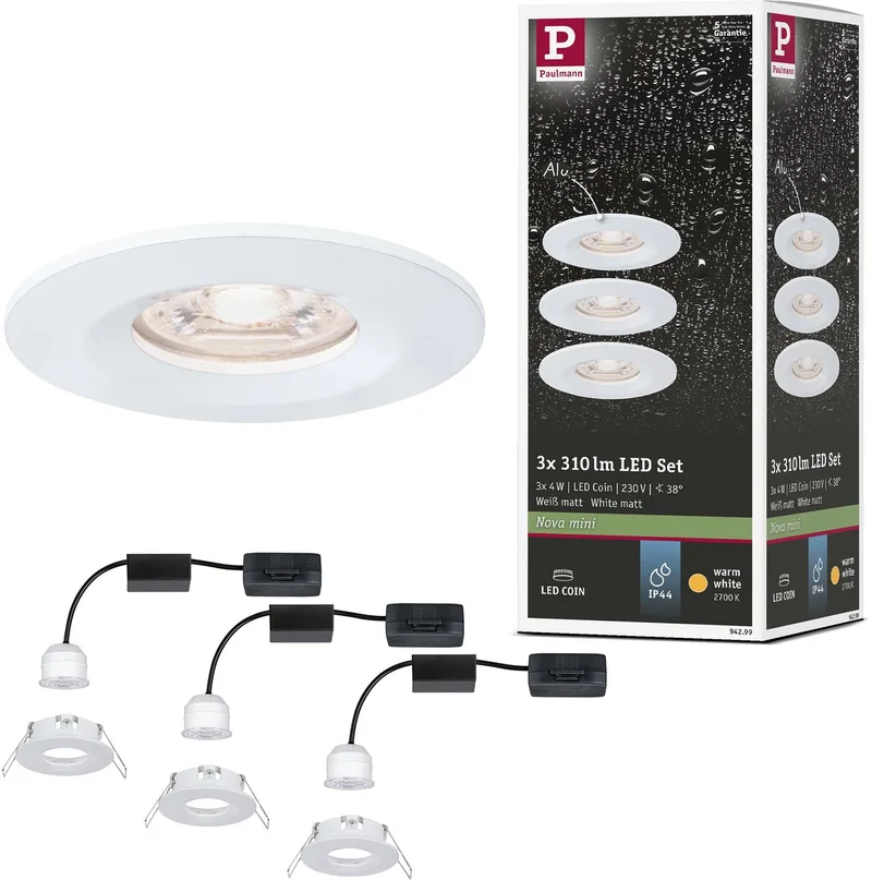 LED-inbouwlamp Nova Mini Coin Basisset star IP44 rond 65 mm Coin 3x4W 3x310lm 230V 2700K de Paulmann en Wit mat – photo produit