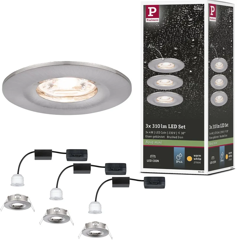LED-inbouwlamp Nova Mini Coin Basisset star IP44 rond 65 mm Coin 3x4W 3x310lm 230V 2700K fra Paulmann i Staal geborsteld – produktbillede