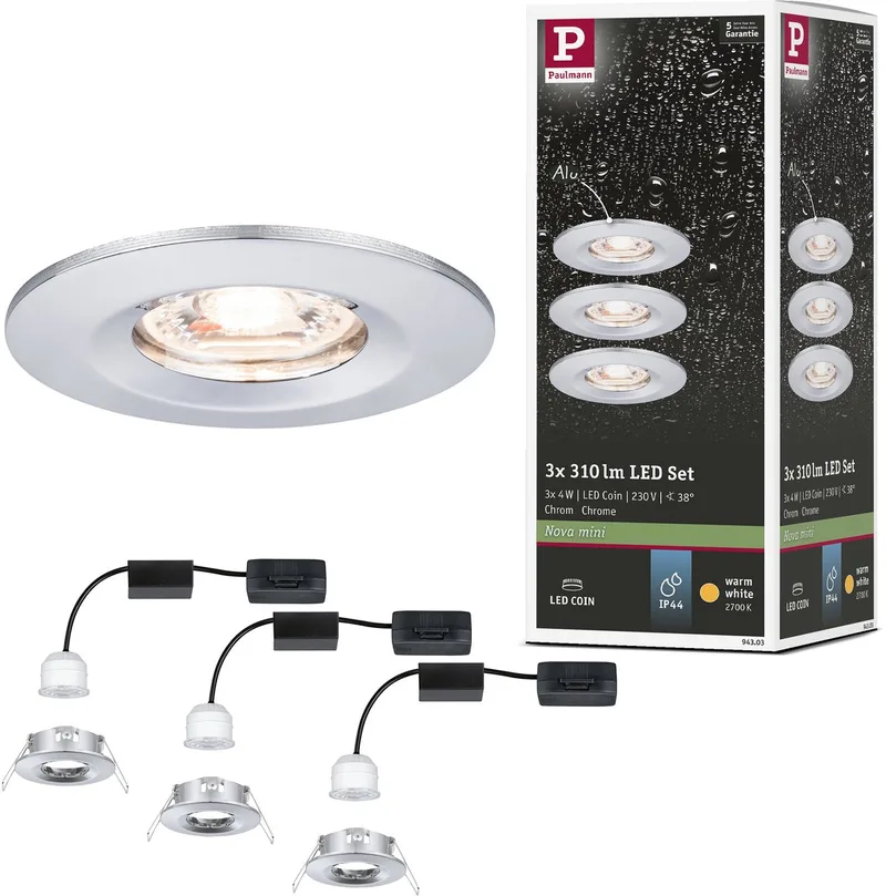 LED-inbouwlamp Nova Mini Coin Basisset star IP44 rond 65 mm Coin 3x4W 3x310lm 230V 2700K fra Paulmann i Krom – produktbillede