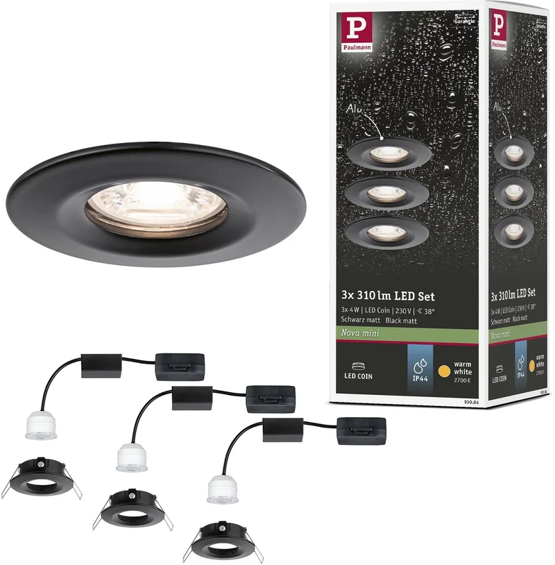 LED-inbouwlamp Nova Mini Coin Basisset star IP44 rond 66 mm Coin 3x4W 3x310lm 230V 2700K från Paulmann i Zwart mat – produktbild