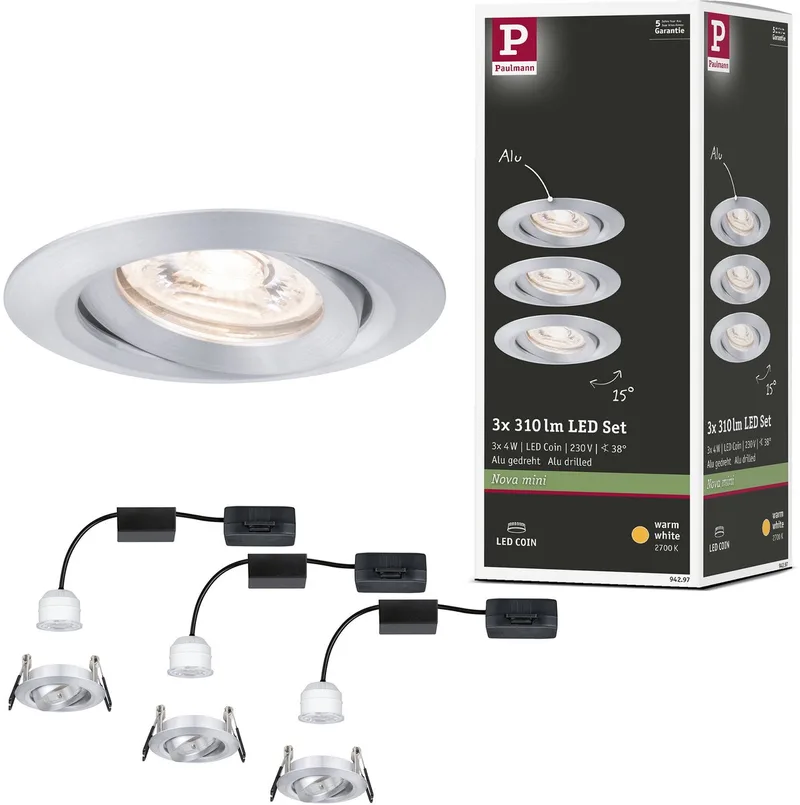 LED-inbouwlamp Nova Mini Coin Basisset zwenkbaar rond 66 mm 15° Coin 3x4W 3x310lm 230V 2700K van Paulmann in Alu gedraaid – productfoto
