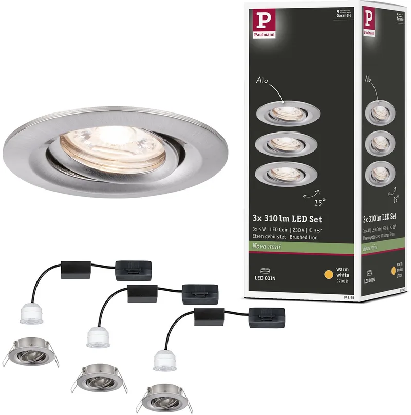 LED-inbouwlamp Nova Mini Coin Basisset zwenkbaar rond 66 mm 15° Coin 3x4W 3x310lm 230V 2700K by Paulmann in Staal geborsteld – product photo