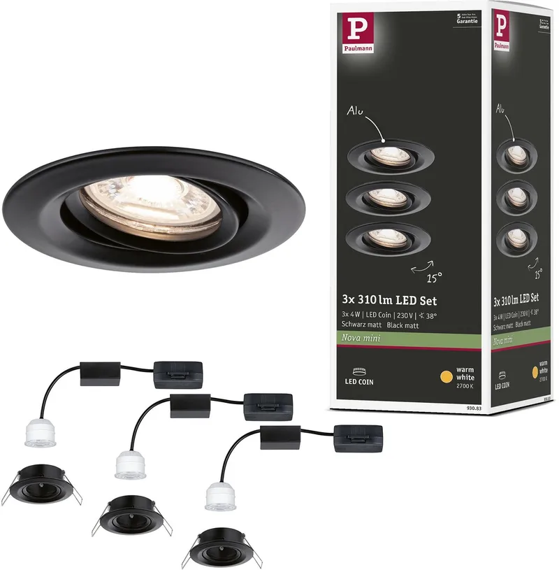 LED-inbouwlamp Nova Mini Coin Basisset zwenkbaar rond 66 mm 15° Coin 3x4W 3x310lm 230V 2700K van Paulmann in Zwart mat – productfoto
