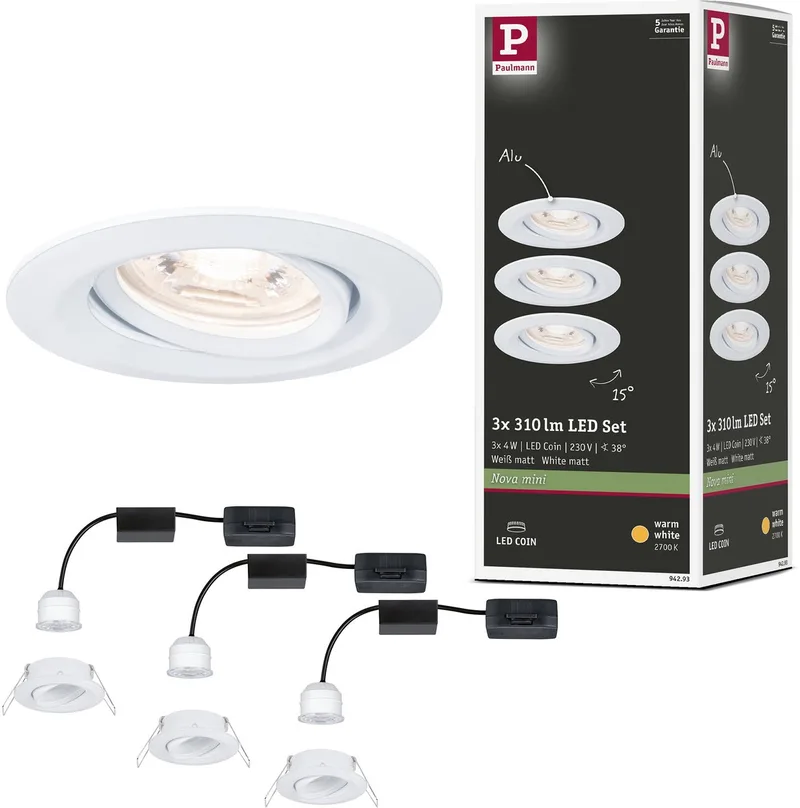 LED-inbouwlamp Nova Mini Coin Basisset zwenkbaar rond 66 mm 15° Coin 3x4W 3x310lm 230V 2700K by Paulmann in Wit mat – product photo
