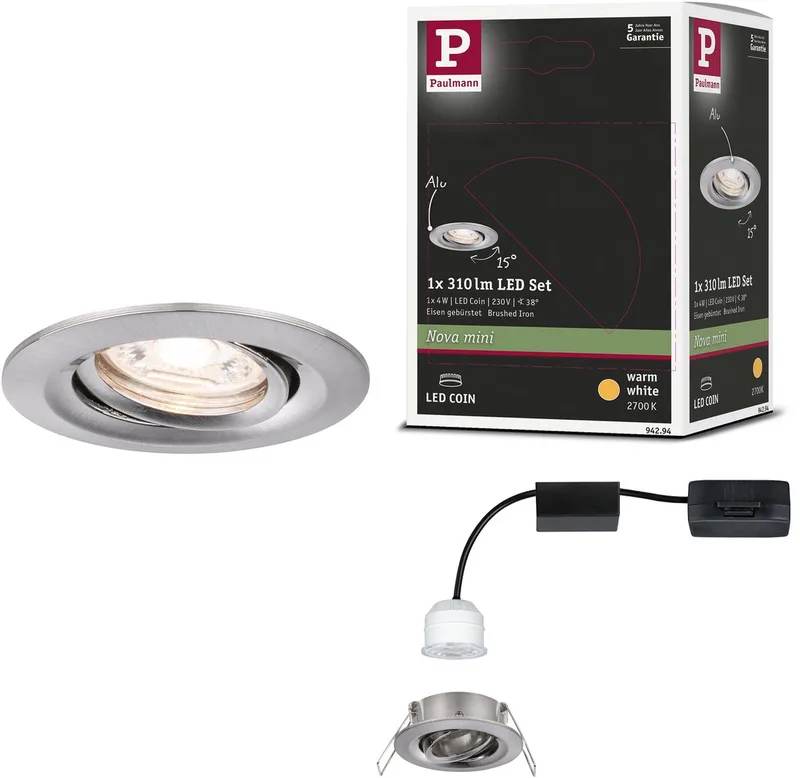 LED-inbouwlamp Nova Mini Coin Enkele lamp zwenkbaar rond 66 mm 15° Coin 4W 310lm 230V 2700K von Paulmann in Staal geborsteld – Produktfoto
