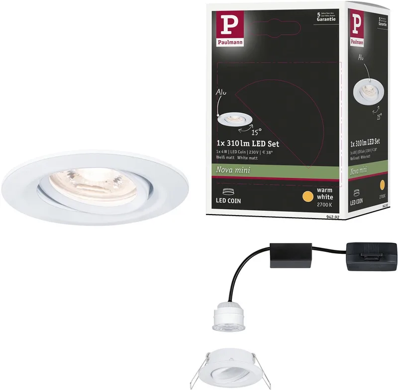 LED-inbouwlamp Nova Mini Coin Enkele lamp zwenkbaar rond 66 mm 15° Coin 4W 310lm 230V 2700K från Paulmann i Wit mat – produktbild
