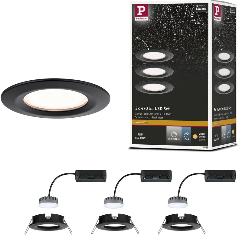 LED-inbouwlamp Nova Plus Coin Basisset star IP44 rond 78 mm Coin 3x6W 3x470lm 230V dimbaar 2700K de Paulmann en Zwart mat – photo produit
