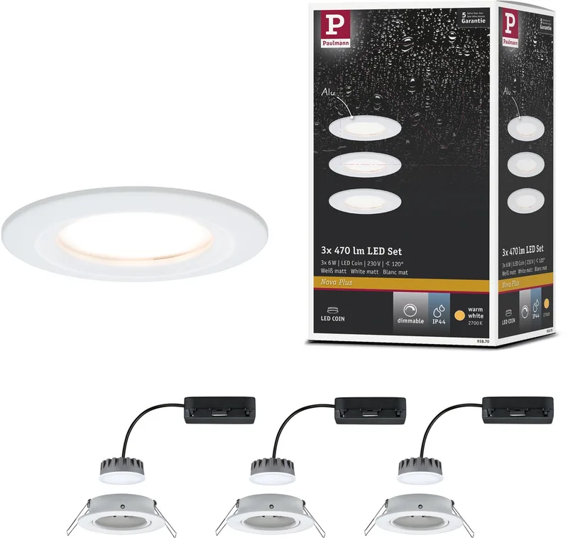 LED-inbouwlamp Nova Plus Coin Basisset star IP44 rond 78 mm Coin 3x6W 3x470lm 230V dimbaar 2700K de Paulmann en Wit mat – photo produit