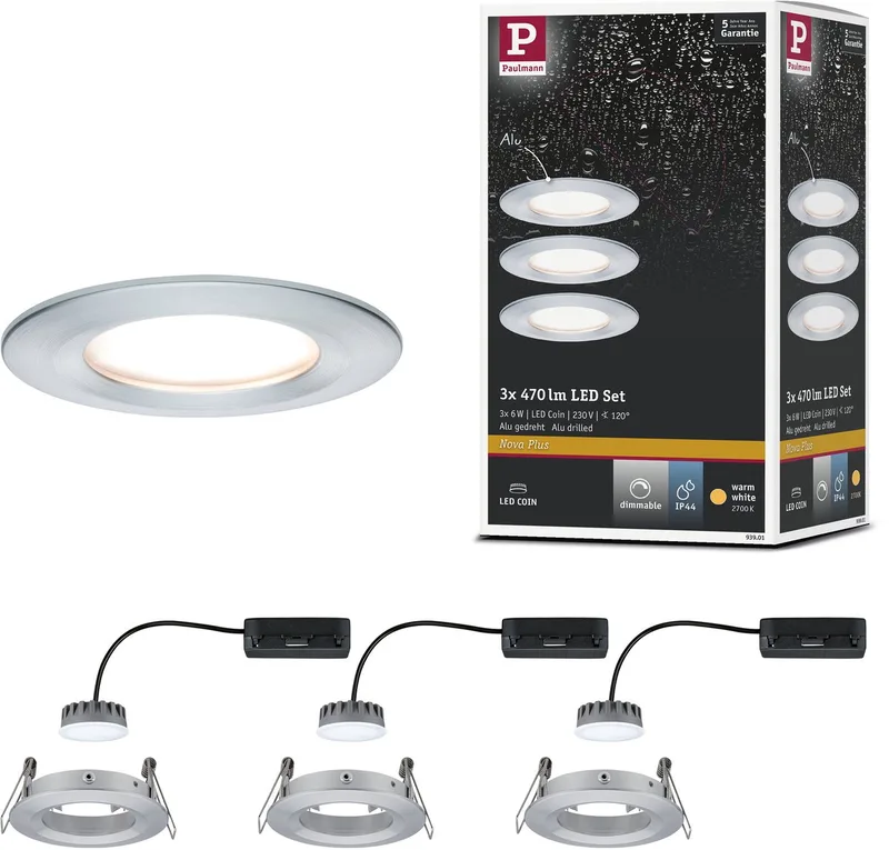 LED-inbouwlamp Nova Plus Coin Basisset star IP44 rond 78 mm Coin 3x6W 3x470lm 230V dimbaar 2700K från Paulmann i Alu gedraaid – produktbild
