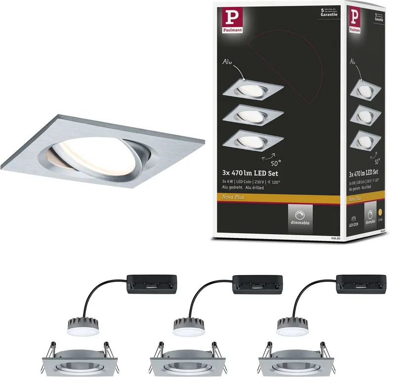 Paulmann 93680 Luminaire à LED encastrable jeu de 3 18 W Aluminium (tourné) de Paulmann en Alu gedraaid – photo produit