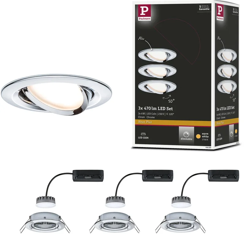 LED-infälld lampa Nova Plus Coin basset svängbar rund 84 mm 50° Coin 3x6W 3x470lm 230V dimbar 2700K från Paulmann i Krom – produktbild