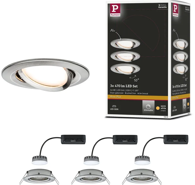 Spot encastrable LED Nova Plus Coin kit de base orientable rond 84 mm 50° Coin 3x6W 3x470lm 230V dimmable 2700K de Paulmann en Staal geborsteld – photo produit
