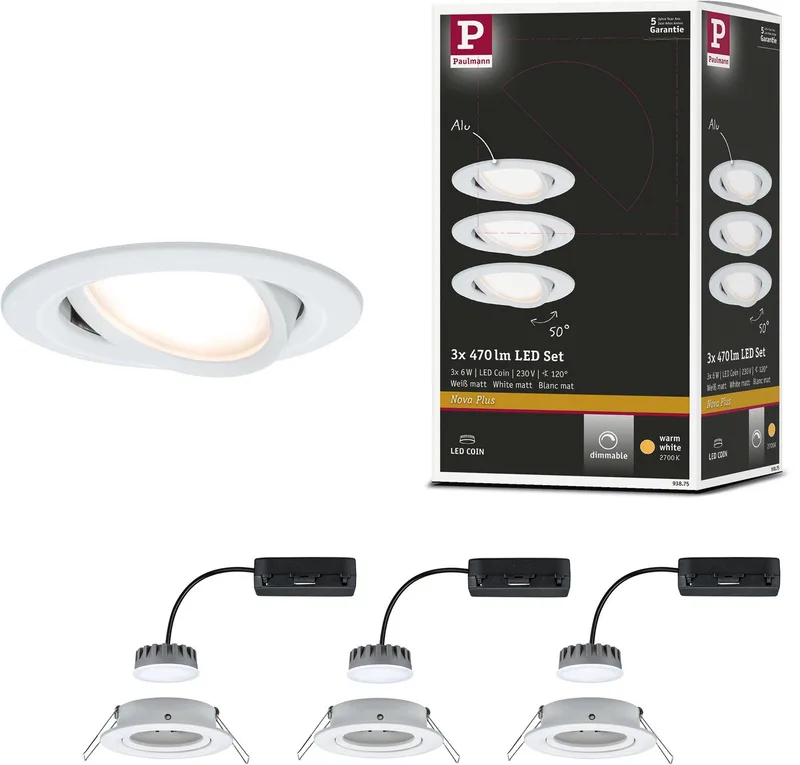 LED-infälld lampa Nova Plus Coin basset svängbar rund 84 mm 50° Coin 3x6W 3x470lm 230V dimbar 2700K från Paulmann i Wit mat – produktbild