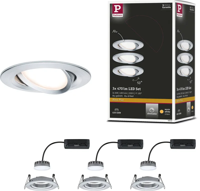 LED-infälld lampa Nova Plus Coin basset svängbar rund 84 mm 50° Coin 3x6W 3x470lm 230V dimbar 2700K från Paulmann i Alu gedraaid – produktbild