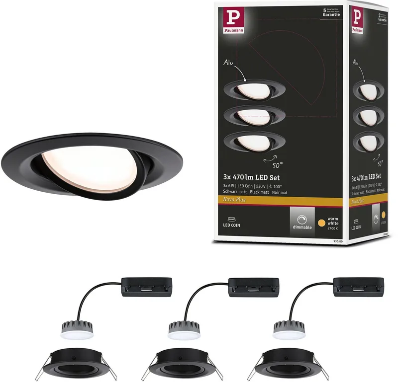 LED indbygningsspot Nova Plus Coin grundsæt drejelig rund 84 mm 50° Coin 3x6W 3x470lm 230V dæmpbar 2700K fra Paulmann i Zwart mat – produktbillede