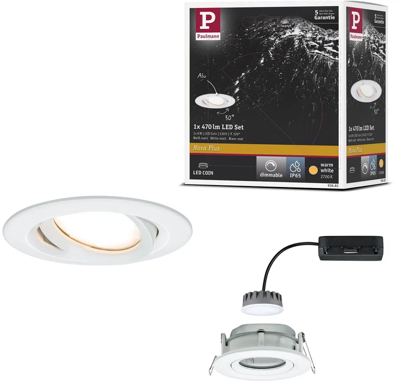 LED-inbouwlamp Nova Plus Coin Enkele lamp zwenkbaar IP65 rond 93 mm 30° Coin 6W 470lm 230V dimbaar 2700K från Paulmann i Wit mat – produktbild