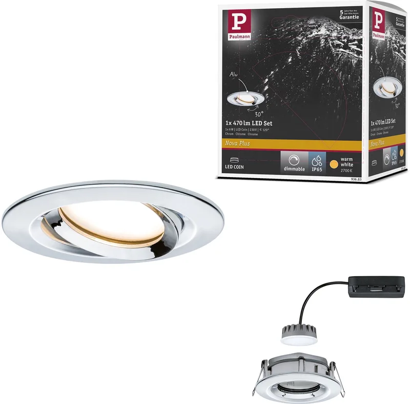 LED-inbouwlamp Nova Plus Coin Enkele lamp zwenkbaar IP65 rond 93 mm 30° Coin 6W 470lm 230V dimbaar 2700K från Paulmann i Krom – produktbild